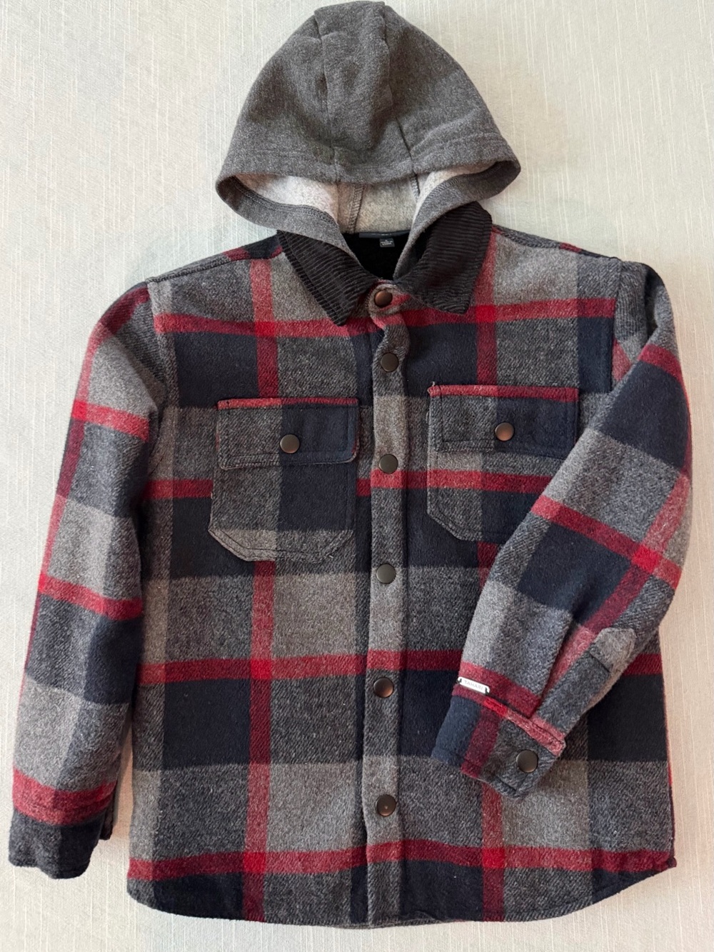 Tahari Gray, Black & Red Plaid Hooded Shacket for Kids